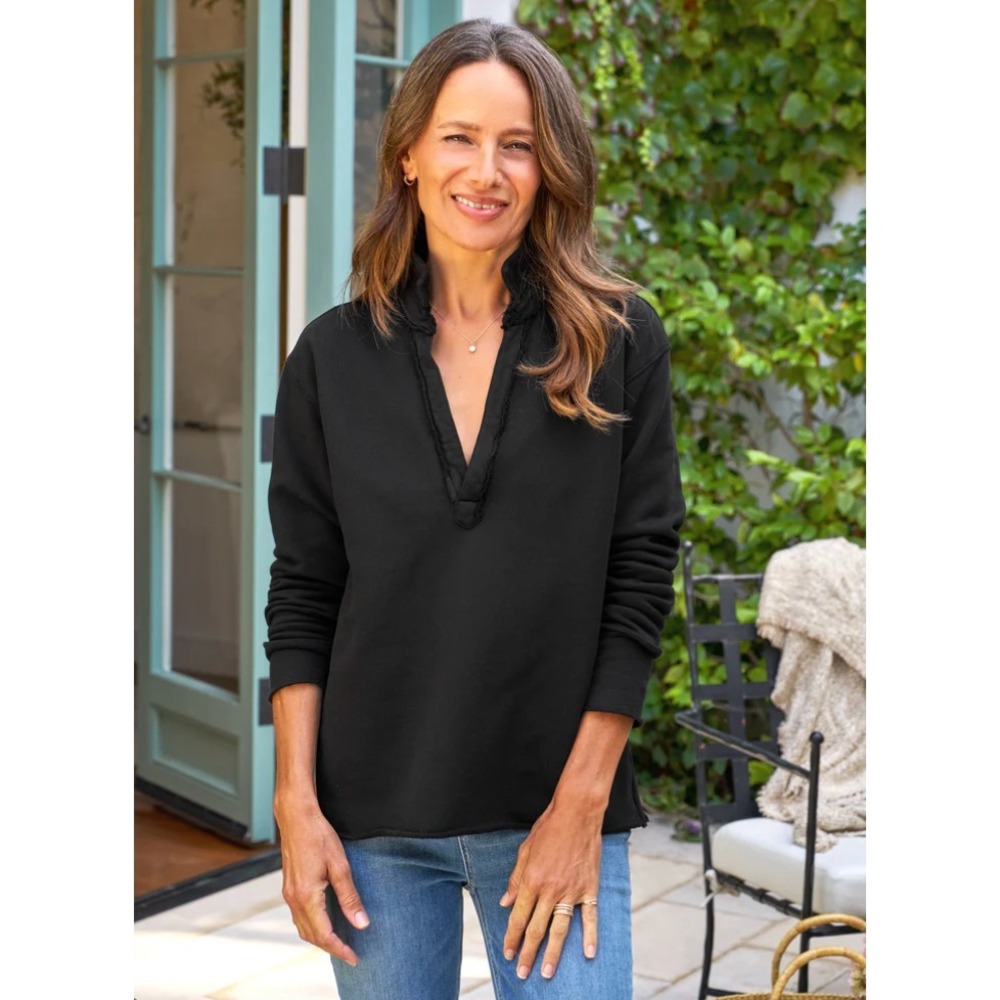 Frank & Eileen Patrick Popover Henley Women's XS Triple Terry Black Cotton